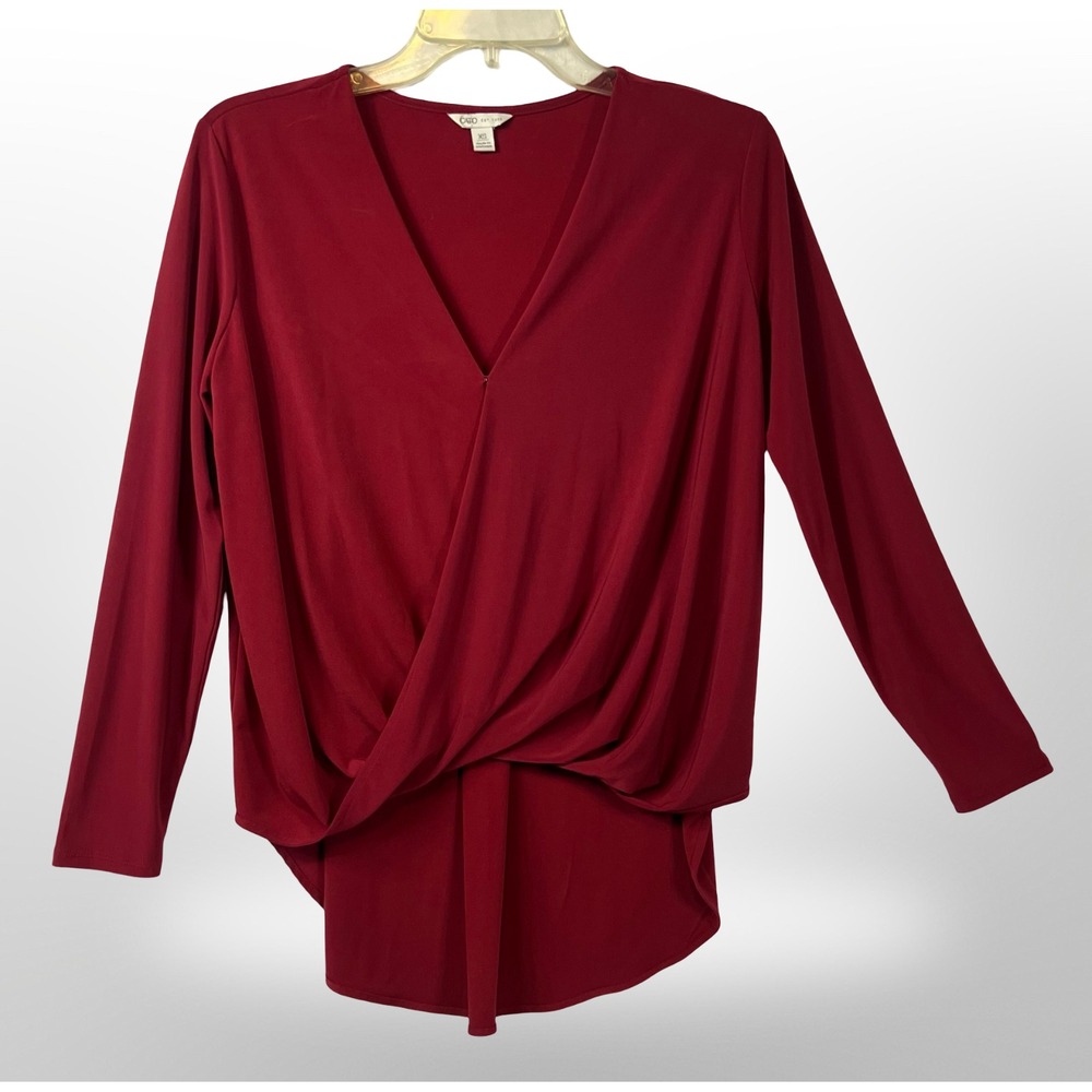 CATO Womens XS Faux Wrap Blouse Red Surplice V-Neck Long Sleeve Tunic Stretch
